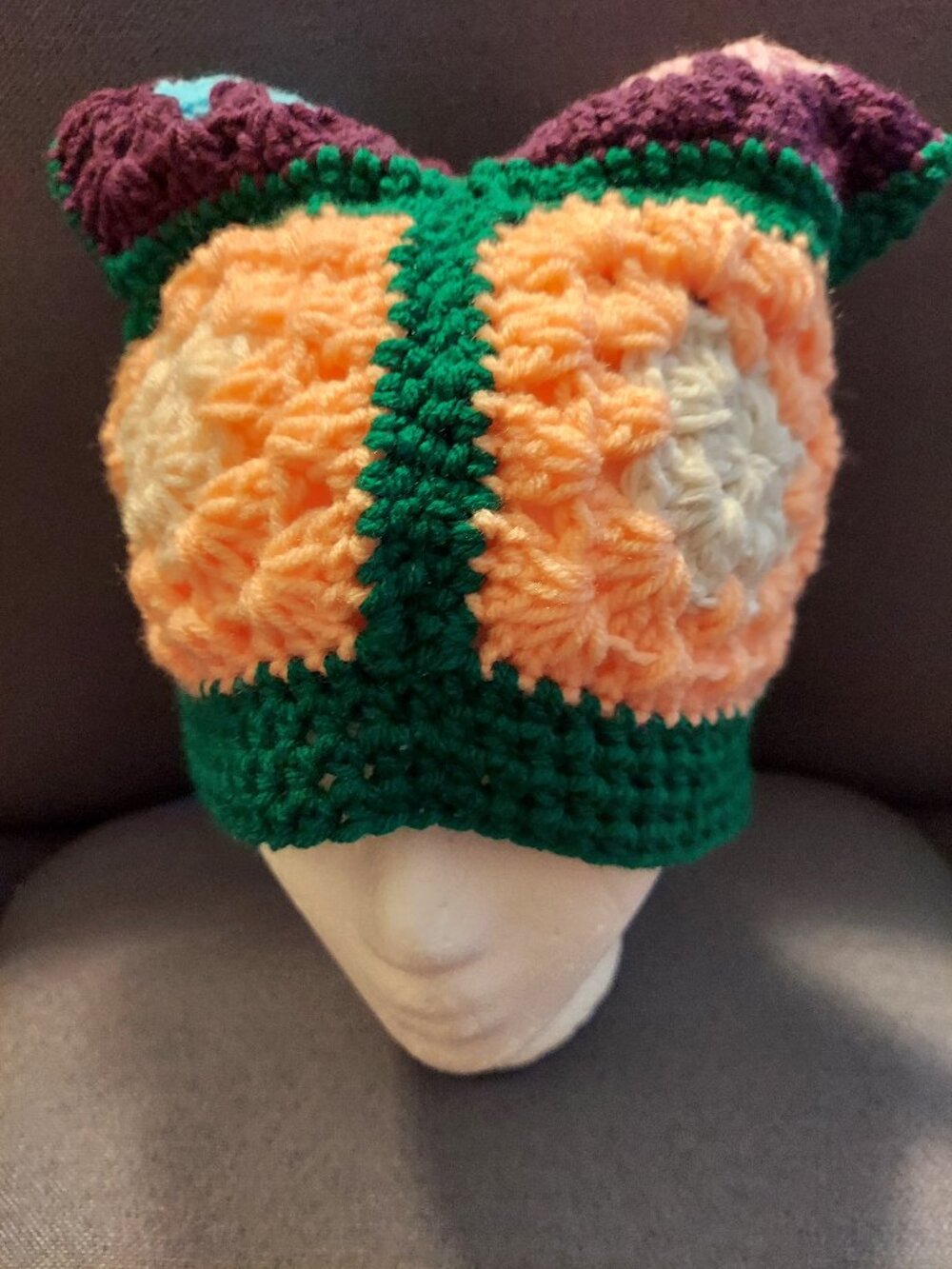 Kitty Cat Hat 1, unixex, 8 1/2 inches wide, 8 inches deep, hand crocheted